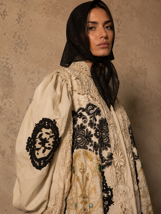 Veronica, reworked Edwardian cream and lace wool coat with gold thread beading