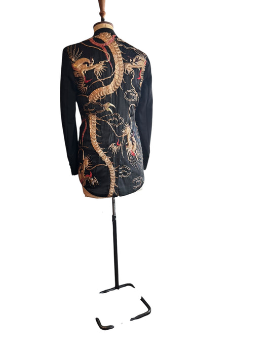 Jen, reworked 40s wool tail coat with Antique gold dragon embroidered design