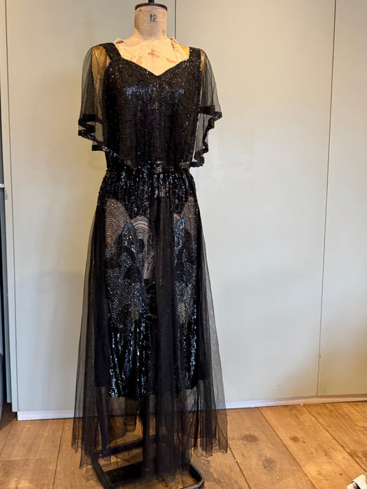 Megan, original 20s black sequins and net dress dress with beaded belt