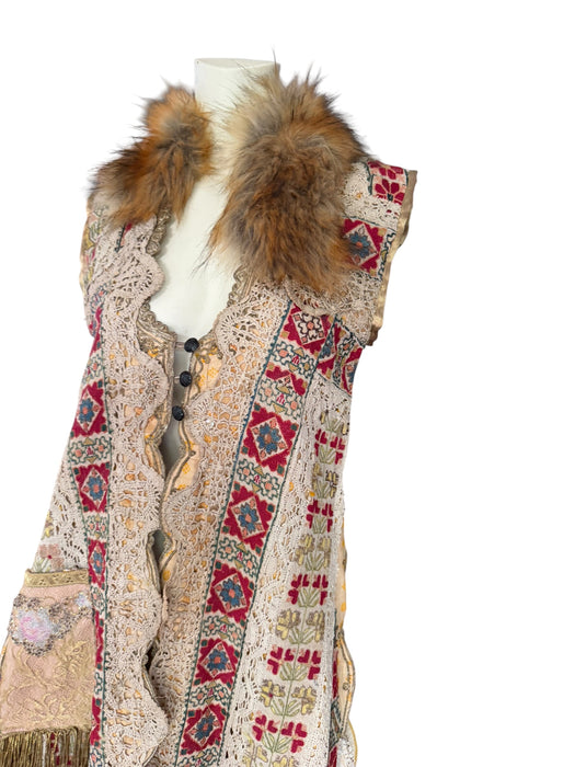 Chiara, 19th C Greek hand woven embroidered waistcoat with a faux fur collar and beaded side pocket