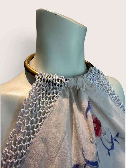 Plato, reworked short piano shawl embroidered dress with brass chocker
