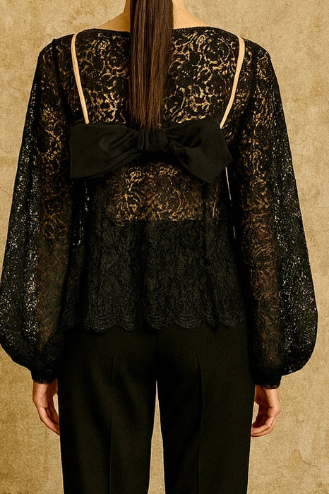 Tara, reworked 1930s black silk lace scalloped balloon sleeve blouse with 40s pink silk bra