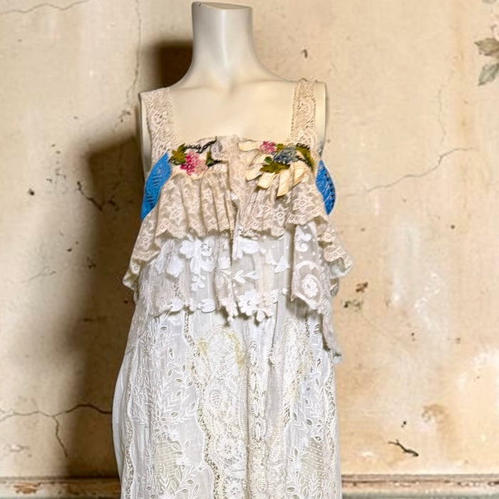 Roya, reworked Victorian lace dress with ribbon florals turquoise beading