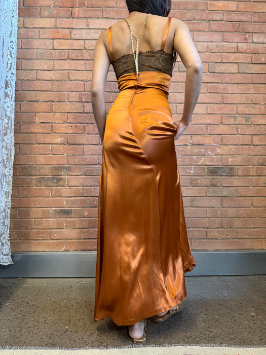 Biba, 70s silk and lace bronze dress