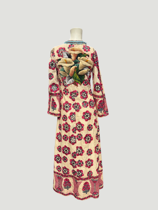 Chapan, early 19th C Uzbek chapan embroidered and beaded robe with couched Edwardian floral embroidery and turquoise buckle