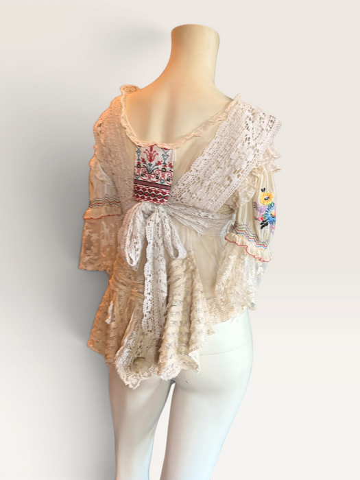 Paulina, reworked antique lace blouse with Romanian silk embroidered sleeves and collar