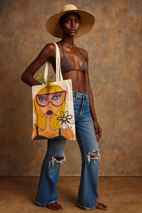 One Vintage hand painted tote bag