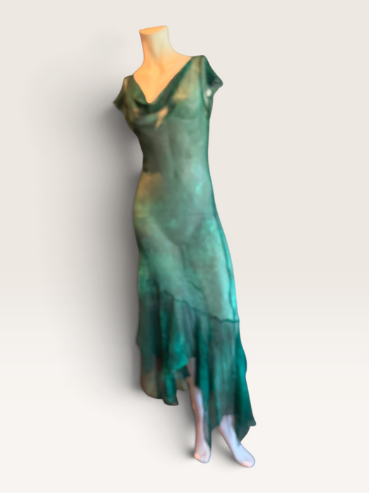 Ronda, hand dyed emerald green bias cut, asymmetric vintage chiffon beaded dress