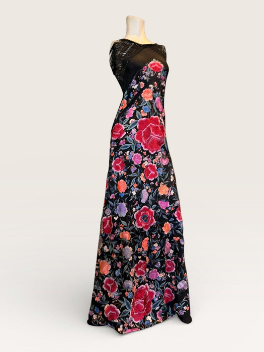 Birdie, reworked 40s embroidered piano shawl bias cut fringed dress