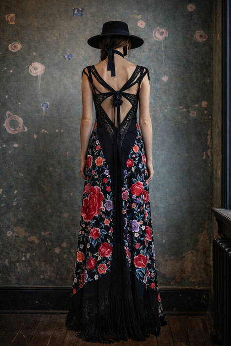 Birdie, reworked 40s embroidered piano shawl bias cut fringed dress