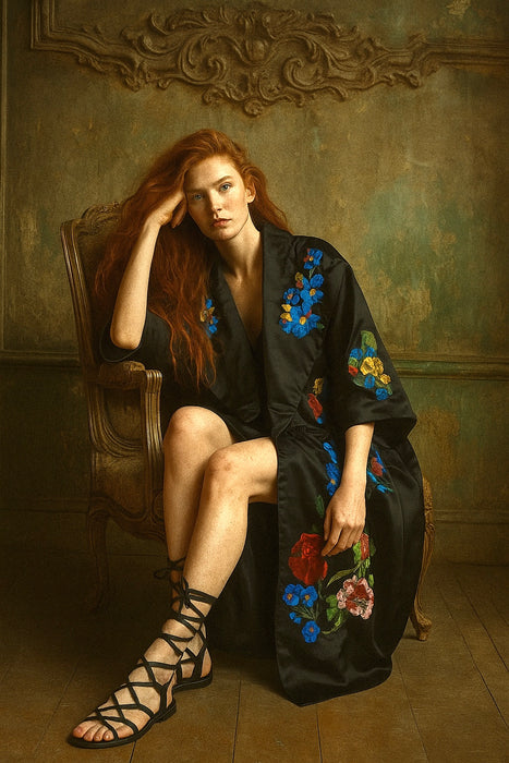 Fable, 20s silk black cocoon floral coat