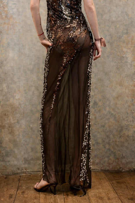 Holy, 70s sequins and silk chiffon bias cut dress