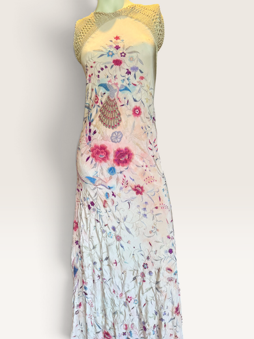 Daria, reworked bias cut cream piano shawl embroidered fringed dress