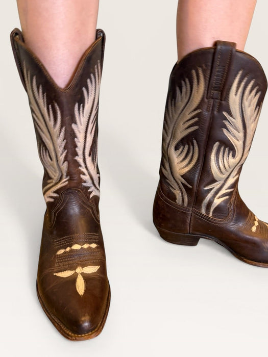 Ozark, 70s brown and cream tooled hand painted cowboy boots