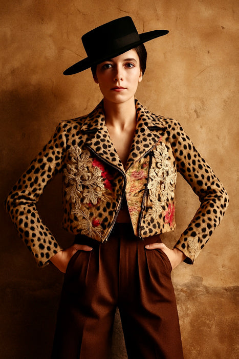 Fulcrum, leopard print long sleeve biker jacket with origin lace and embroidery
