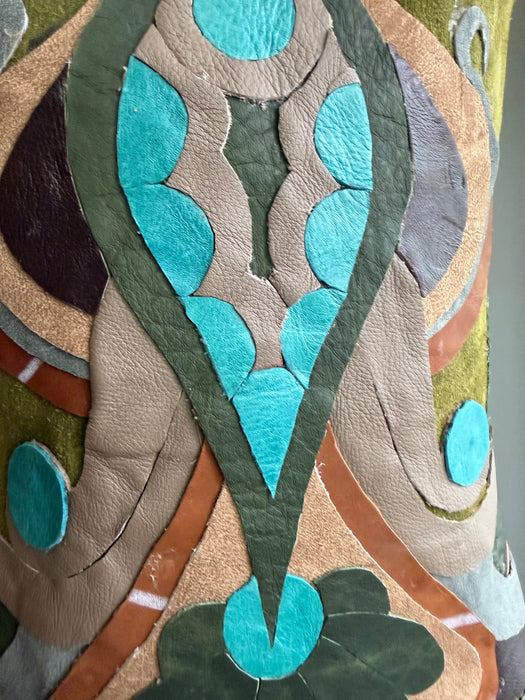 Basil, 70s olive green suede waistcoat with leather ties and handmade folk leather appliqué