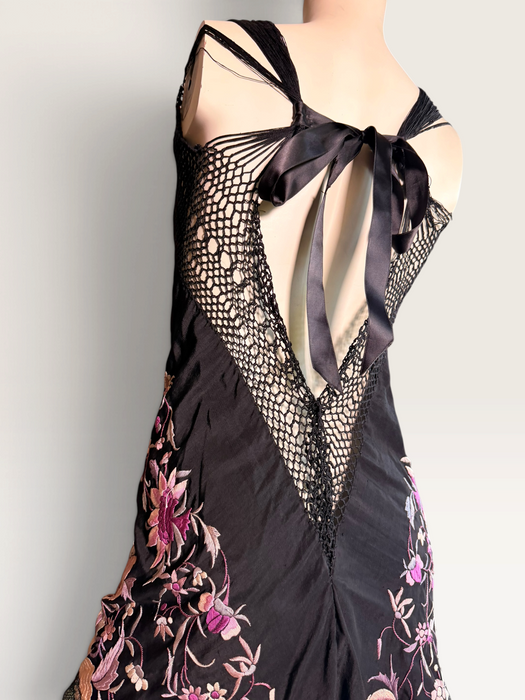Cody, reworked 1940s black silk embroidered piano shall mini dress