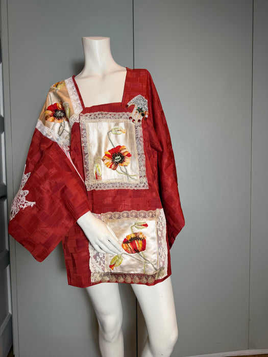 Tales, 40s a Japanese silk damask burnt orange kimono jacket with Victorian floral and lace motifs