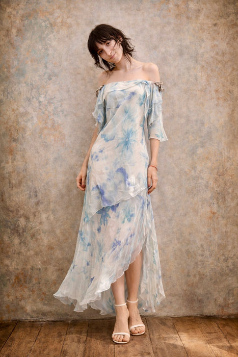 Aqua, 90s pale blues, bias cut chiffon dress with frill sleeves