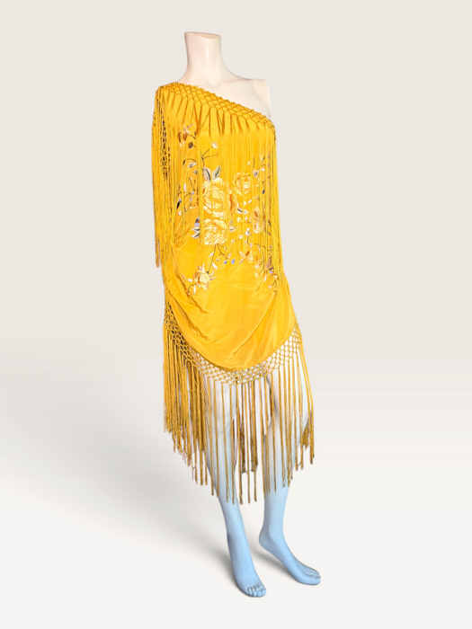 Magnolia, vintage floral silk embroidered piano shawl fringed, draped dress