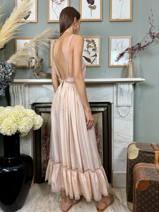 Janet Reiger, blush pink silk and lace dress