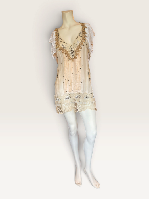 Ally, reworked 1920s silk and lace tunic with rhinestone detailing