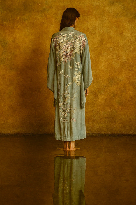 Flynn, 40s pale blue embroidered kimono