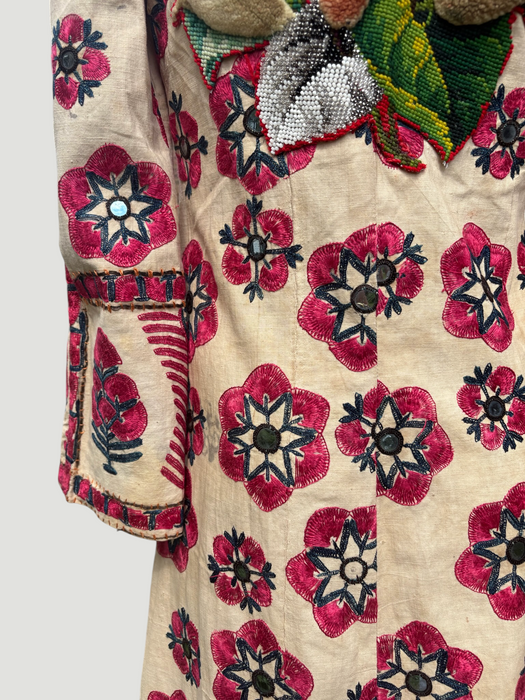 Chapan, early 19th C Uzbek chapan embroidered and beaded robe with couched Edwardian floral embroidery and turquoise buckle