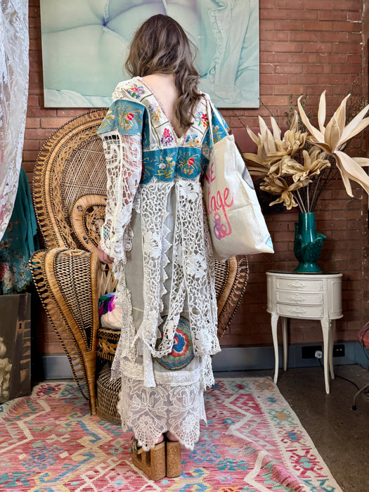 Joyce, reworked antique lace and needlepoint coat