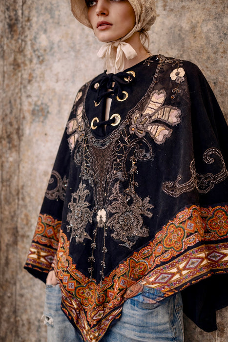 Marina, 70s paisley wool cape with 20s beading and floral embroidery