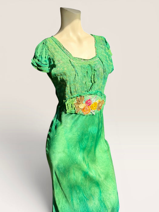 Bora, 1930s emerald green hand dyed silk bias cut dress with lace inserts and Victorian ribbon work florals