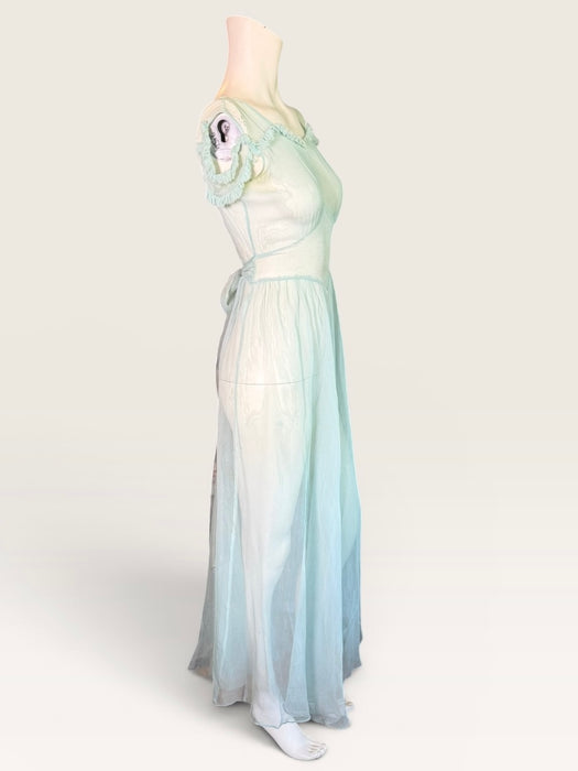 Ettore, original 30s pale blue silk chiffon dress with waist tie and frill shoulders