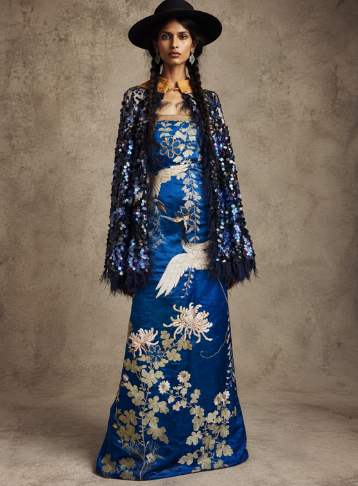 Raner, reworked 1930s cobalt blue silk embroidered bustier dress