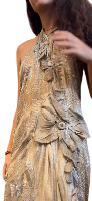 Rebecca, reworked 20s silver beaded lamé halter dress with floral motifs