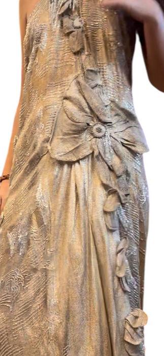 Rebecca, reworked 20s silver beaded lamé halter dress with floral motifs