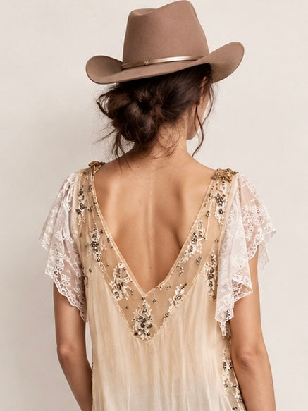 Ally, reworked 1920s silk and lace tunic with rhinestone detailing