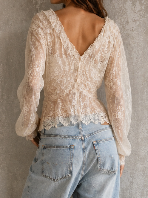 Medina, reworked 30s long sleeved French lace blouse with ribbon florals