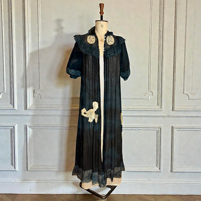 Gina, 30s black chiffon and lace robe with cream lace bows