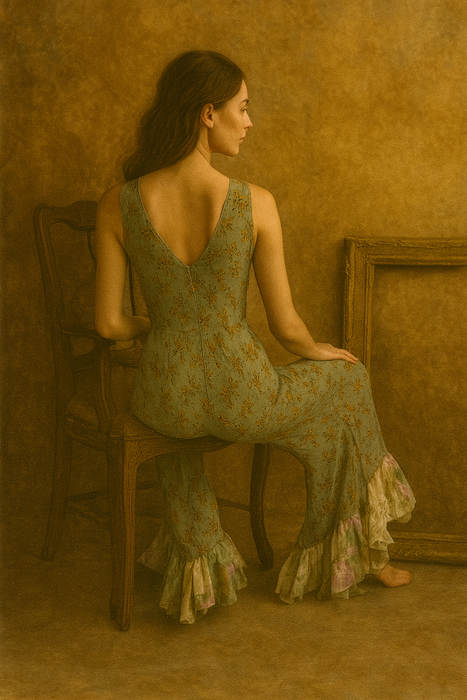 Heidi, reworked 40s floral chiffon jumpsuit with frills