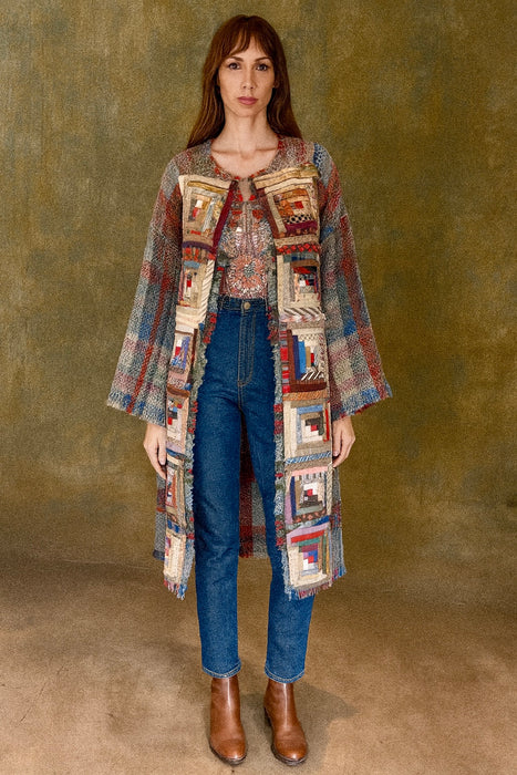 Moderna, 70s check blanket coat with Victorian patchwork design