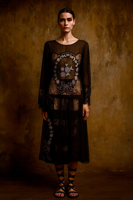 Orla, 30s silk and lace embroidered dress