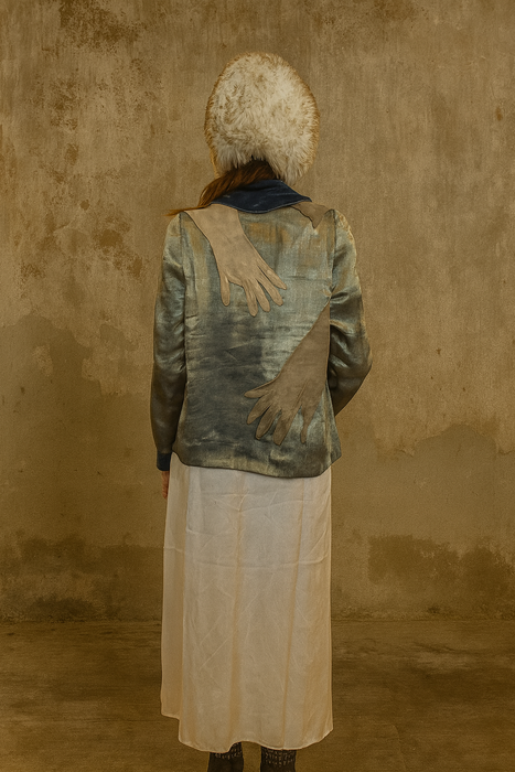 Serena, reworked 20s silver lamé and blue velvet jacket with 20s leather gloves