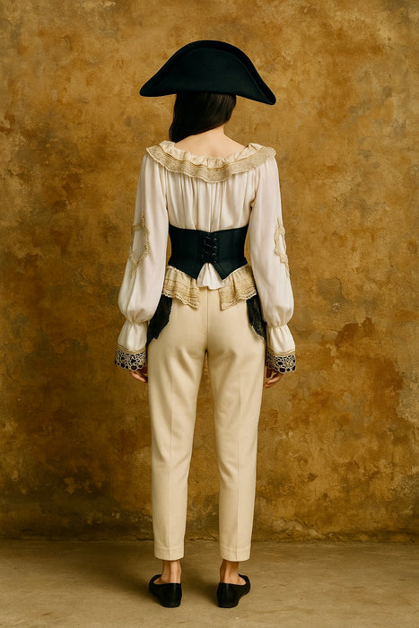 Pluto, reworked corseted lace and beaded poet blouse