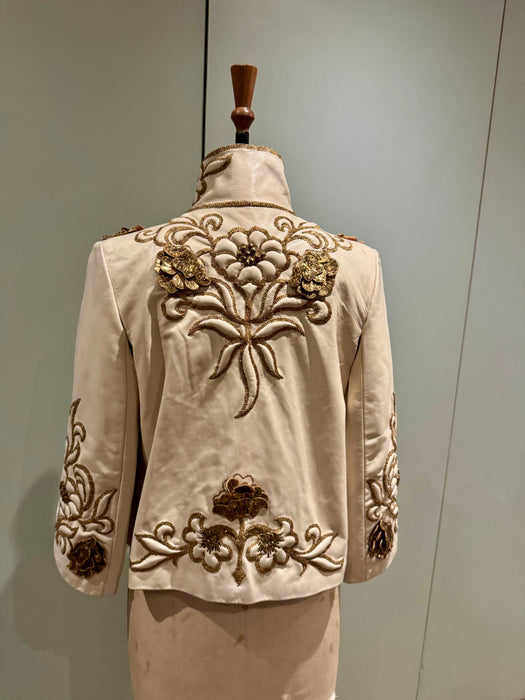 Jean-Louis Sherrer, 80s couture lather nappa cream leather jacket with gold thread quilted embroidery