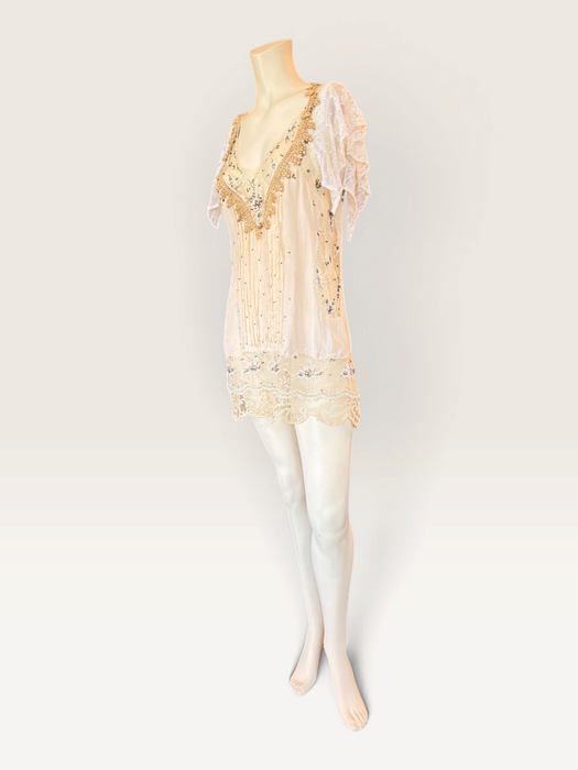 Ally, reworked 1920s silk and lace tunic with rhinestone detailing