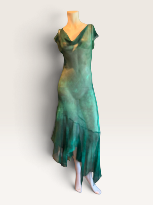 Ronda, hand dyed emerald green bias cut, asymmetric vintage chiffon beaded dress
