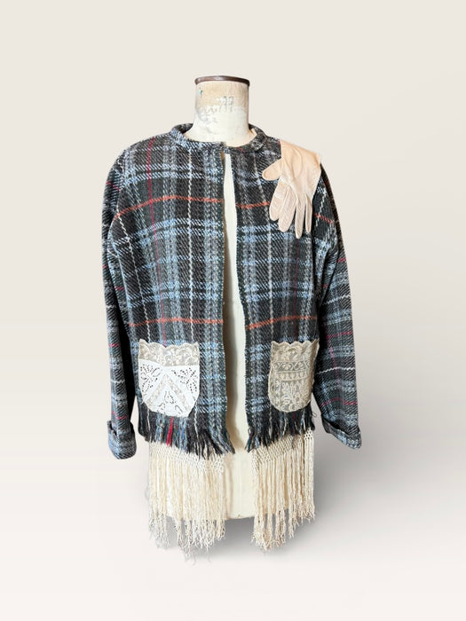 Tais, reworked 70s checked blanket with lace pockets and 20s glove