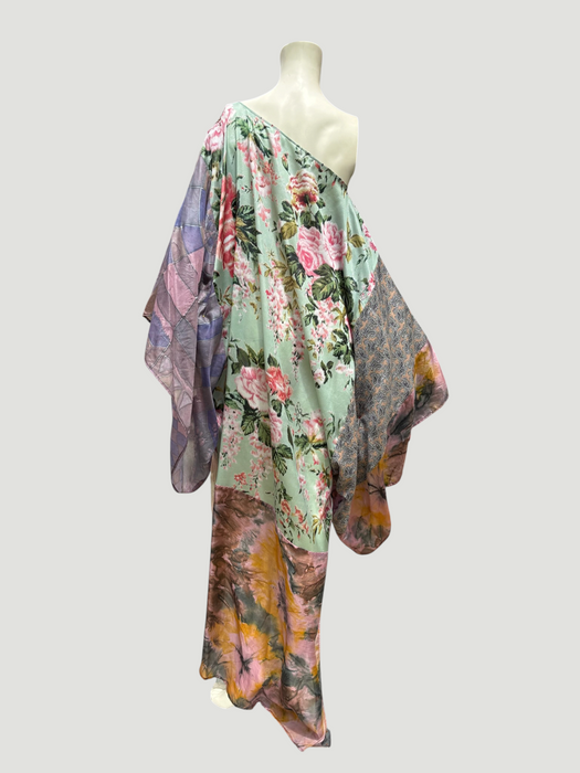 Aline, reworked silk 70s hand painted patchwork parachute kaftan