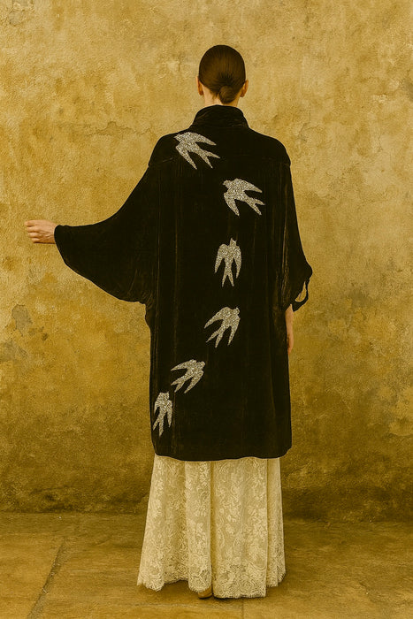 Edna, Art Deco beaded swans silk velour coat