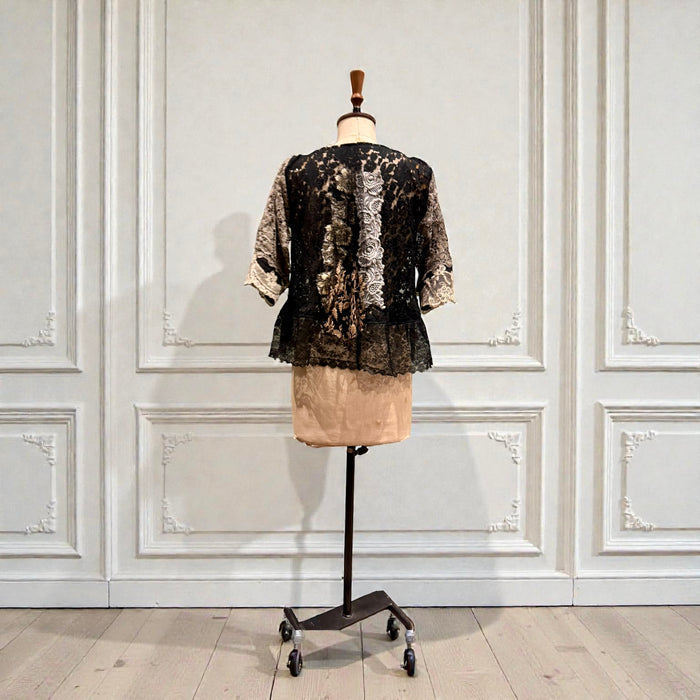 Calli, reworked 20s black lace and silver lamé top with 20s floral beading